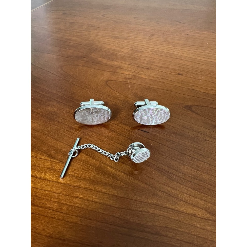 Men Silver Tone Textured Oval Cufflinks and Tie Tack Set Formal Wedding Business